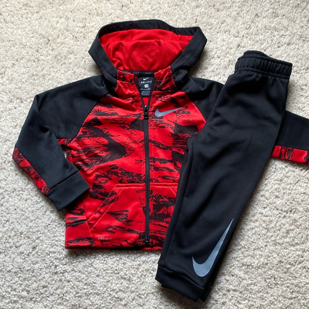 Nike Dri-Fit 24 month sweatsuit. Red and black.
